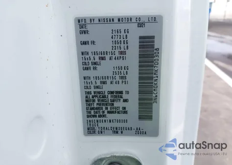 2021 Nissan Nv200 Cargo S Xtronic Cvt z USA, uszkodzony, nr VIN 3N6CM0KN1MK700308